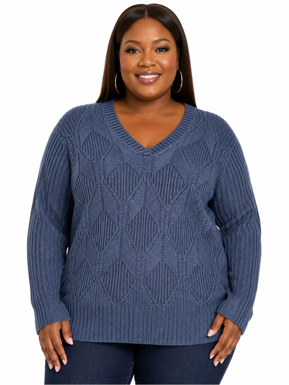 St. John's Bay Heather Blue Cable Knit V-Neck Sweater Plus Size 2X
